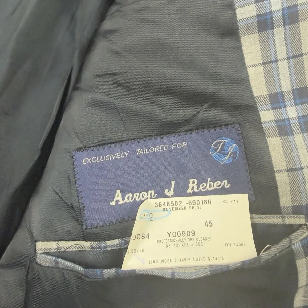 Tom James Super 140s Wool Plaid Sport Coat Blazer Jacket Mens 45R Custom Tailore